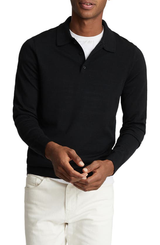 Reiss Trafford Merino Wool Regular Fit Long Sleeve Polo Shirt In Black