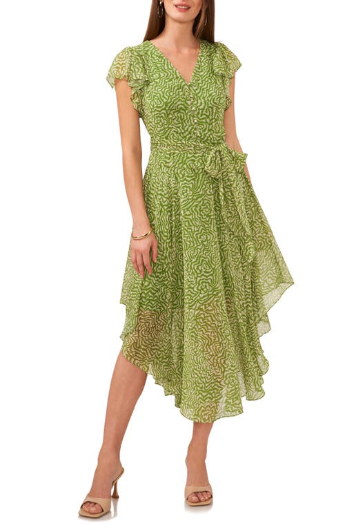 Vince Camuto Maze Print Flutter Sleeve Asymmetric Hem Midi Dress Salted Lime at Nordstrom,