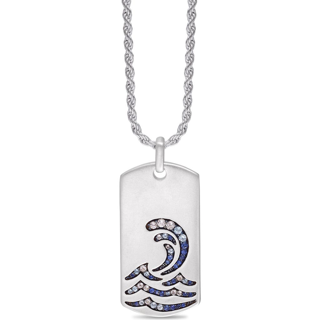 Luvmyjewelry Sterling Silver Surfrider Beach Design Blue Saphhire, White Topaz Gemstone Tag Chain In Silver