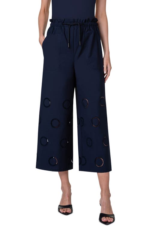 Frey Embroidered Eyelet Wide Leg Crop Pants in Navy