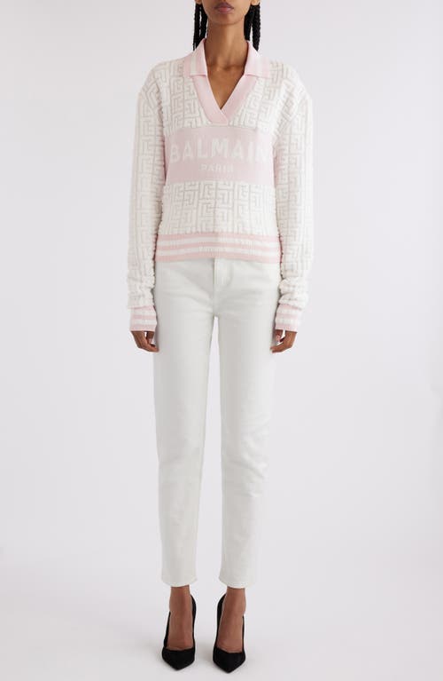 Shop Balmain Sponge Knit Monogram Long Sleeve Polo Sweater In White/pale Pink