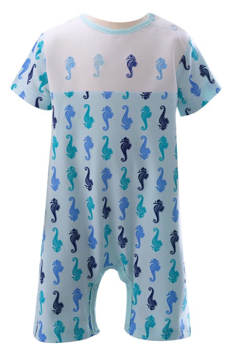 Seahorse Print Embroidered Cotton Knit Romper (Baby)