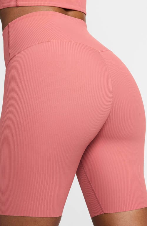 Shop Nike Zenvy Dri-fit High Waist Rib Bike Shorts In Canyon Pink/black