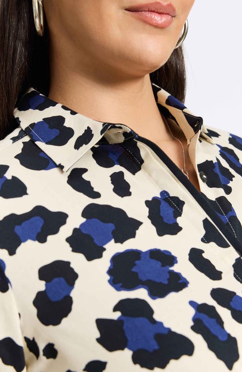 Foxcroft Charlie Leopard Print Cotton Button-up Shirt In Pacific Blue