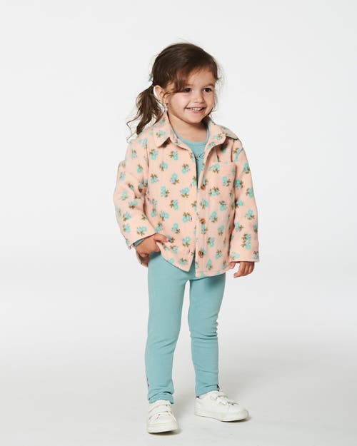 Deux Par Deux Little Girl's Printed Polar Fleece Shirt Peach With Blue Flowers In Printed Flowers