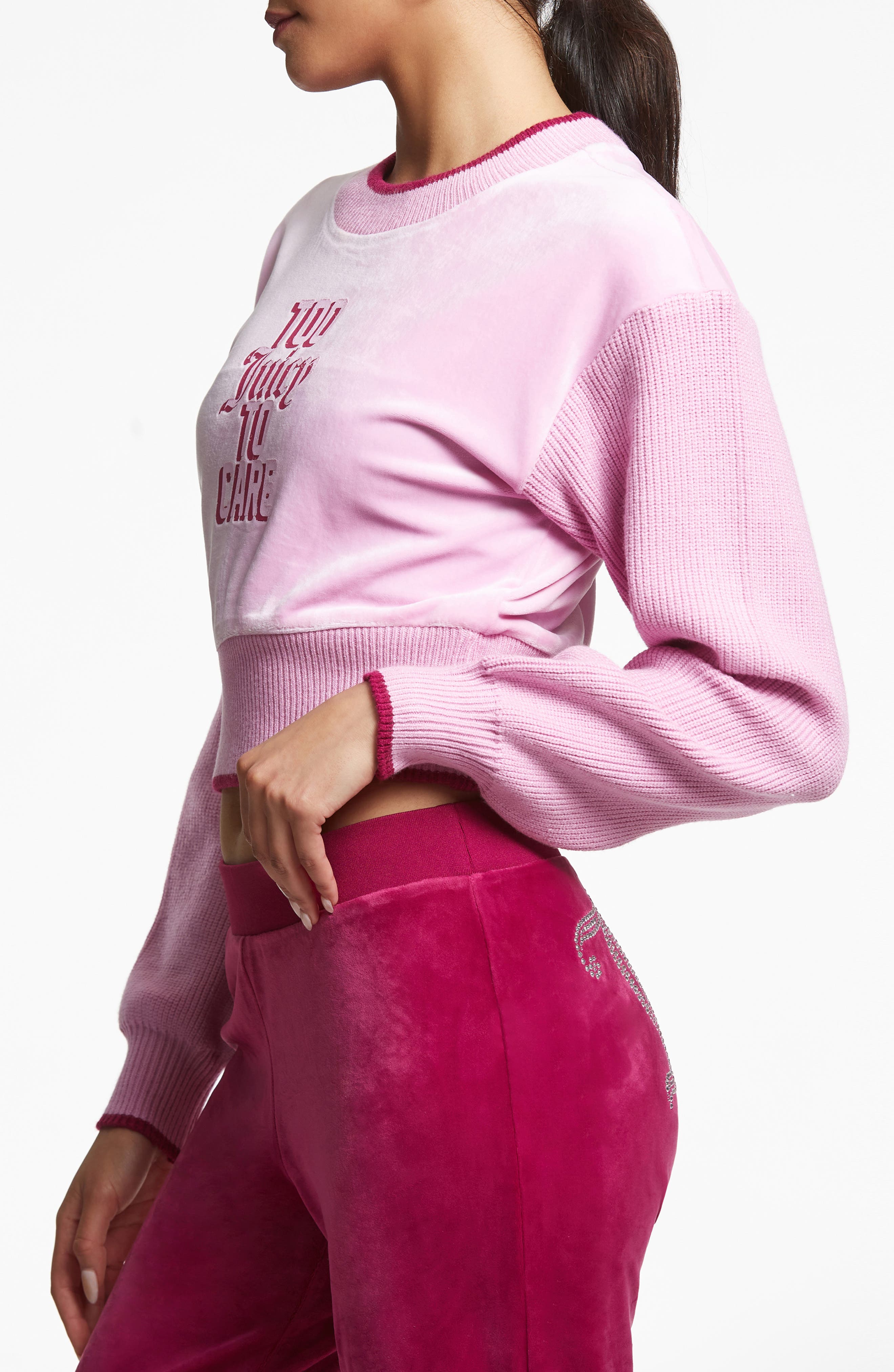 Juicy Couture Crop Recycled Polyester Blend Velour Sweater in Violet Dusk at Nordstrom, Size X-Small