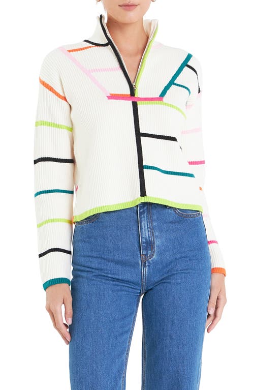 Shop English Factory Stripe Half-zip Rib Sweater In Off White Multi