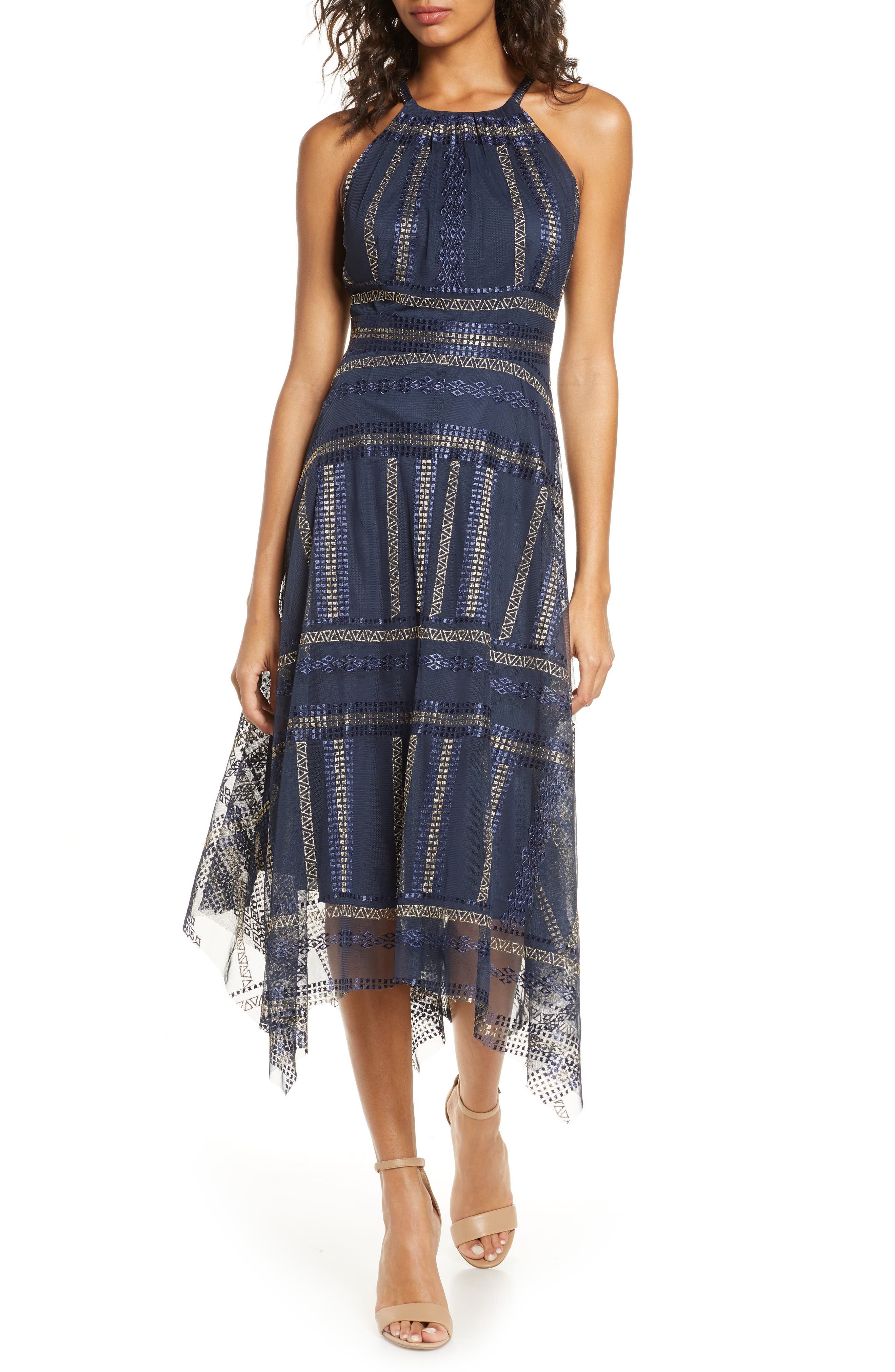 vince camuto embroidered mesh dress