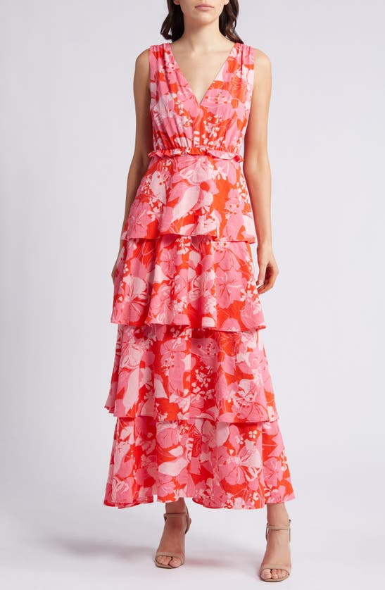 Shop Chelsea28 Floral Tiered Maxi Dress In Red G- Pink Sades Blooms