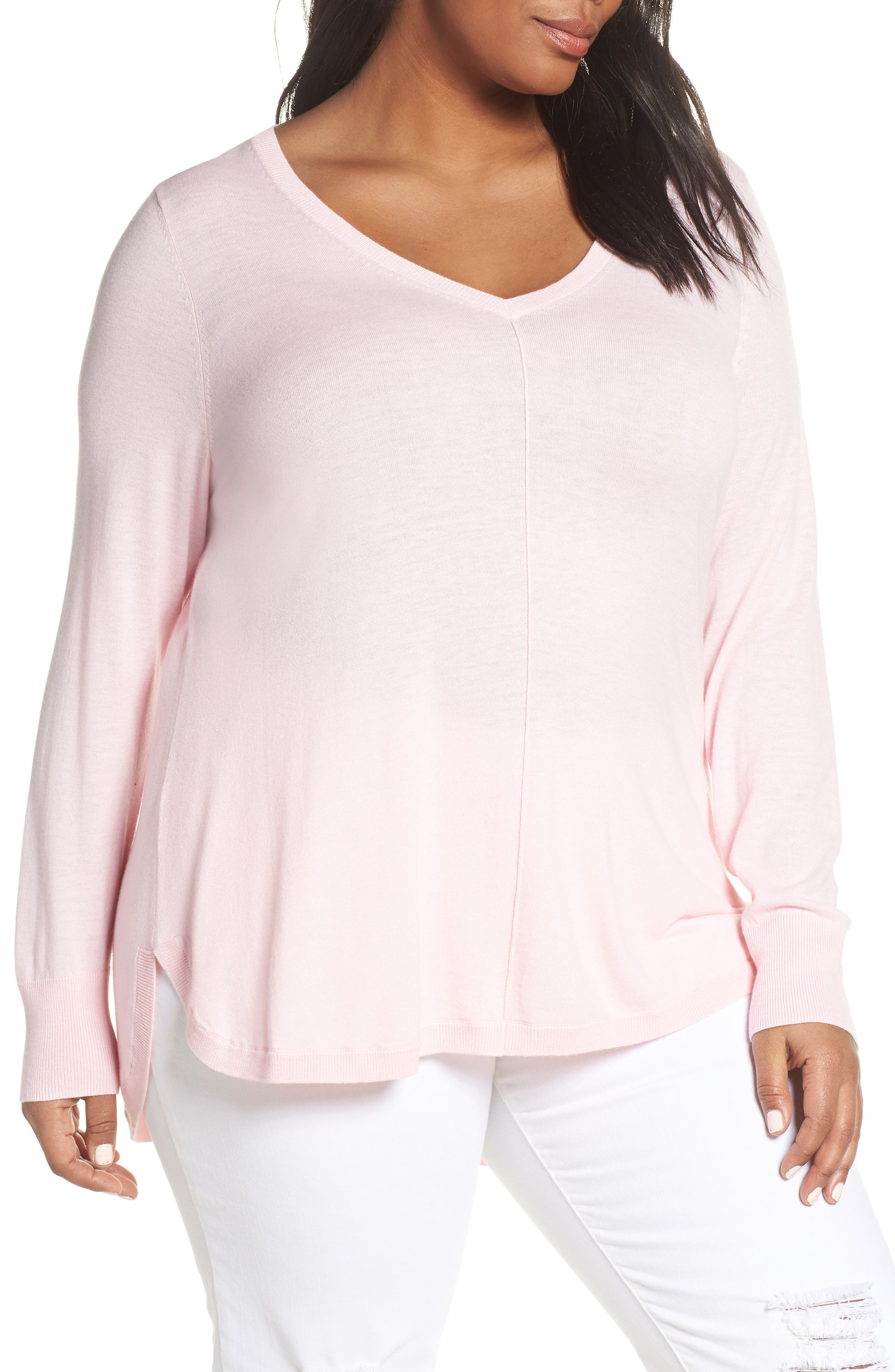 Plus Size Caslon Marled V-Neck Sweater, Pink