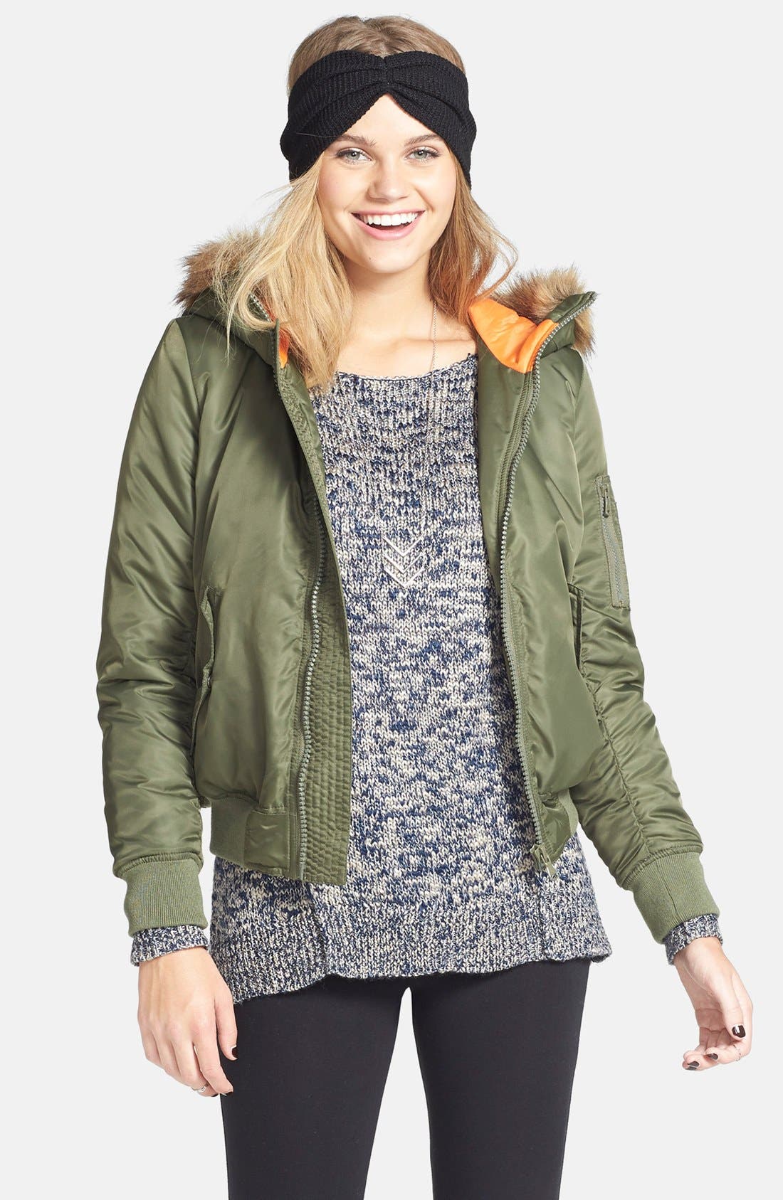 Collection B Twill Bomber Jacket With Faux Fur Trim Hood (Juniors ...