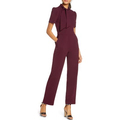 Maggy London Tie Neck Crepe Jumpsuit, Burgundy