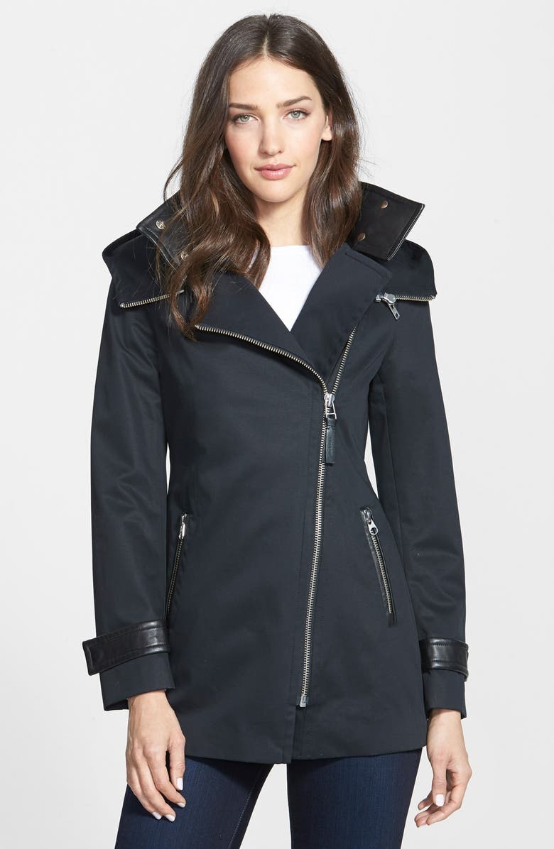 Mackage Leather Trim Asymmetrical Zip Hooded Coat | Nordstrom