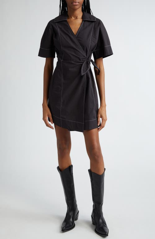 Shop Ganni Organic Cotton Wrap Minidress In Black