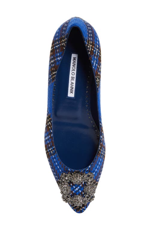 Shop Manolo Blahnik Hangisi Crystal Buckle Pointed Toe Virgin Wool Flat In Blue Tartan