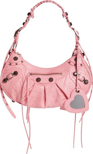 Balenciaga Le Cagole Shoulder Bag Small Crocodile Embossed Pink in