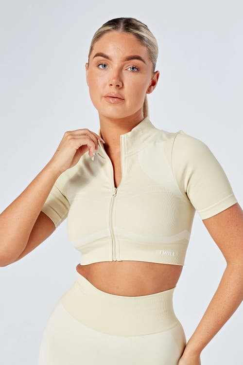 Shop Twill Active Recycled Color Block Zip-up Crop Top In Stone