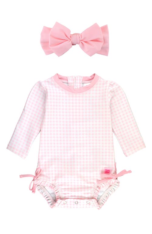 RuffleButts Gingham Long Sleeve One-Piece Swimsuit & Headband Set Pink at Nordstrom,