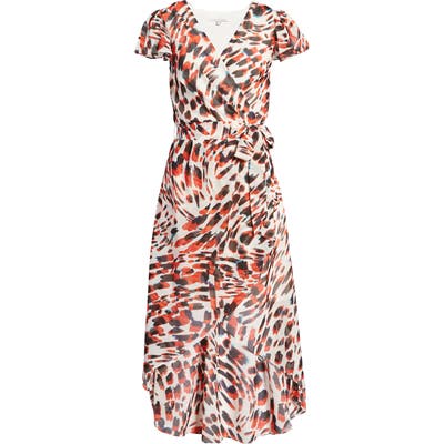 Julia Jordan Animal Print Chiffon Faux Wrap Dress, White