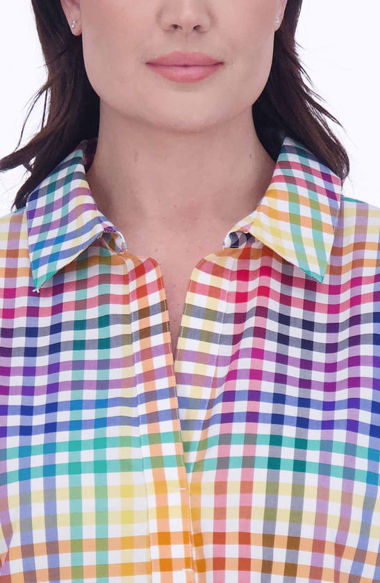 Shop Foxcroft Sophia Rainbow Gingham Three-quarter Sleeve Cotton Popover Shirt In Multi Plaid