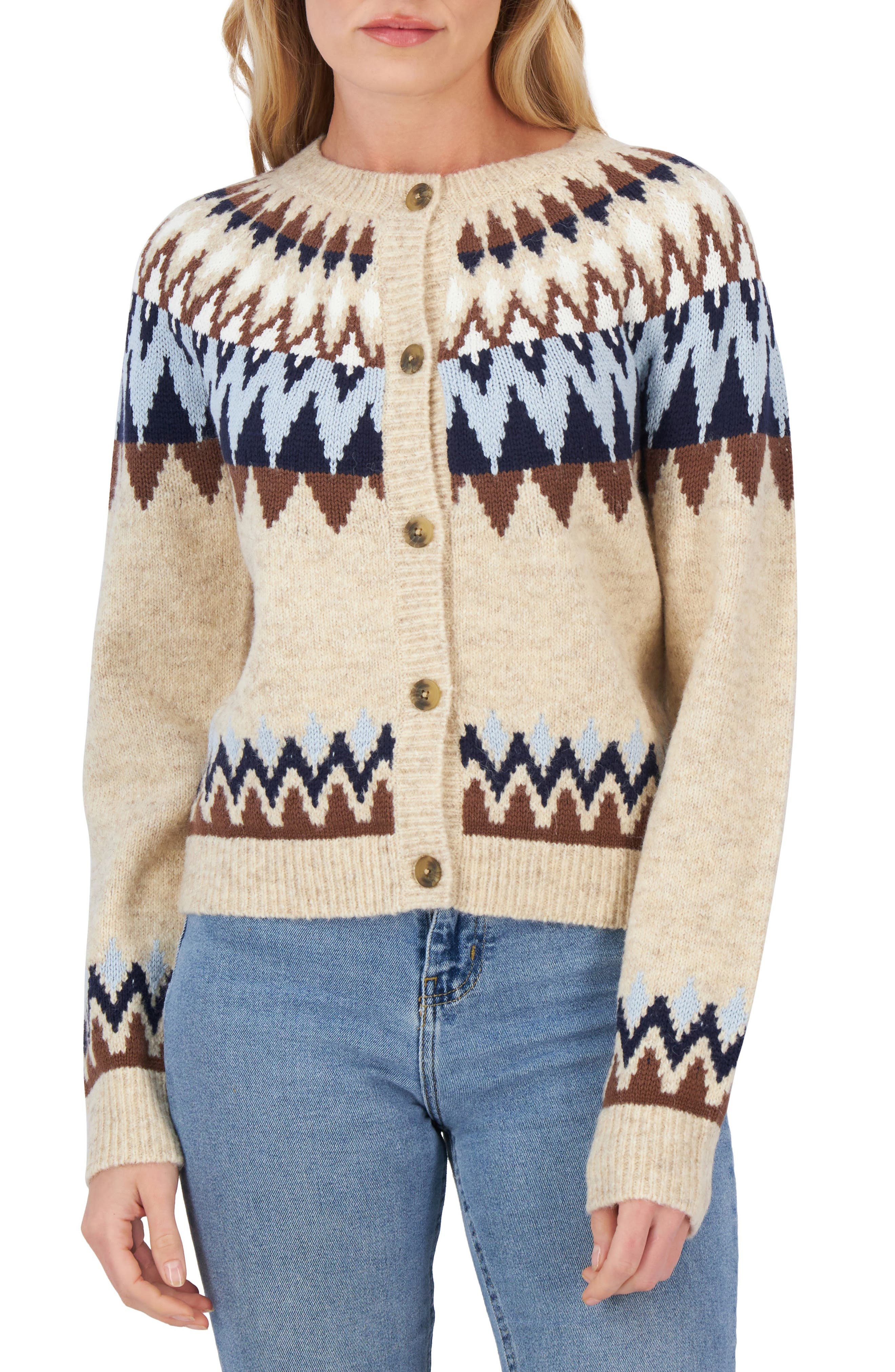 1940s Sweater Styles, Knitwear History Lucky Brand Fair Isle Cardigan in Oatmeal Combo at Nordstrom Rack Size Large $64.97 AT vintagedancer.com