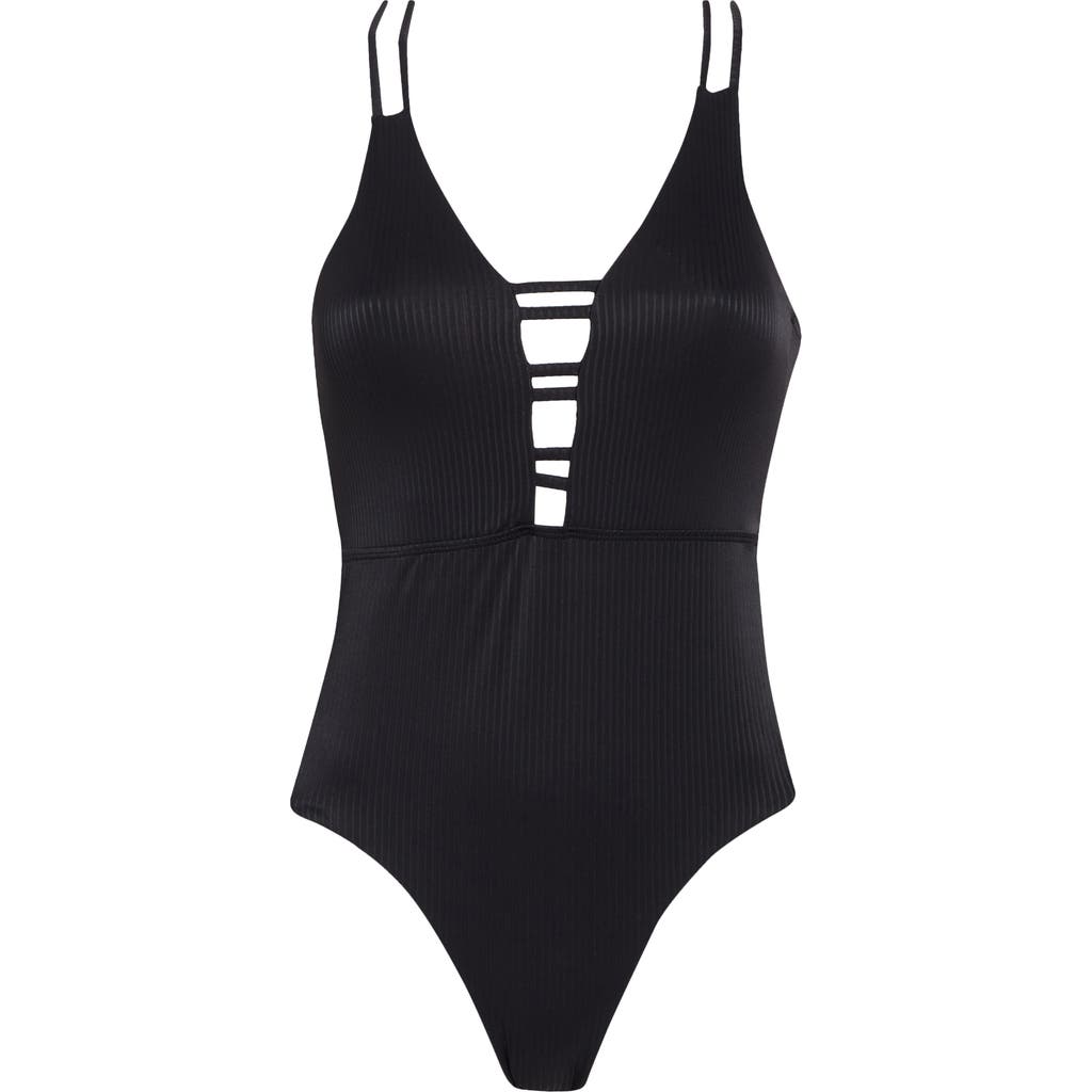 Shop Nicole Miller New York Plunge Cutout Ribbed One-piece Swimsuit In Black
