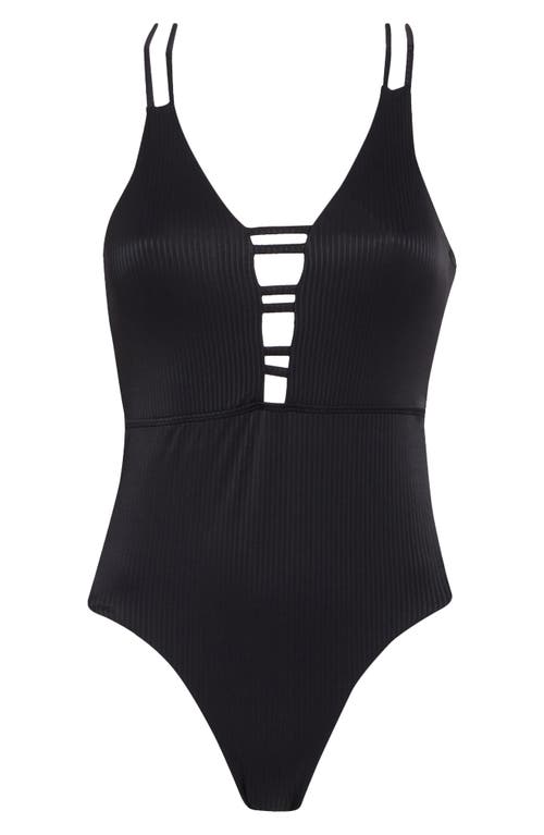 Shop Nicole Miller New York Plunge Cutout Ribbed One-piece Swimsuit In Black