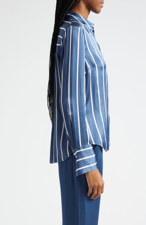 Shop Veronica Beard Monique Stripe Silk Blend Button-up Shirt In Blue Stone Off-white