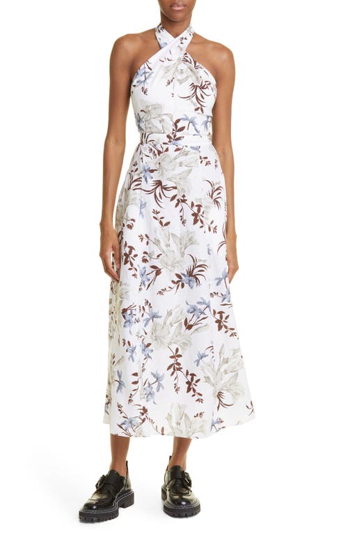 Erdem Selene Tropical Floral Halter Neck Linen Maxi Dress in Tropical Bloom White