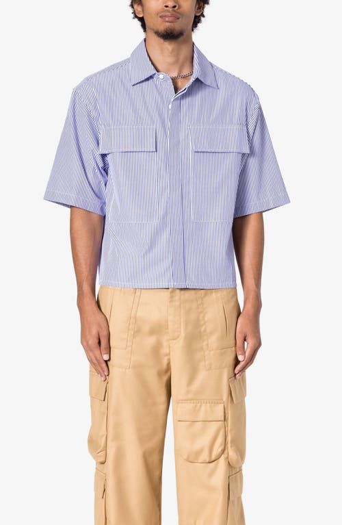 Mnml Oversize Crop Stripe Short Sleeve Button-up Shirt In Blue