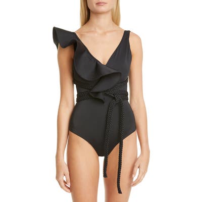 Johanna Ortiz Ruffle Trim One-Piece Swimsuit, Black