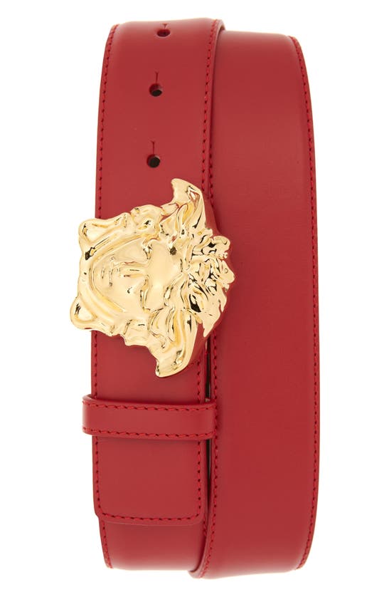 Versace Medusa Head Leather Belt In Geranium Warm Gold