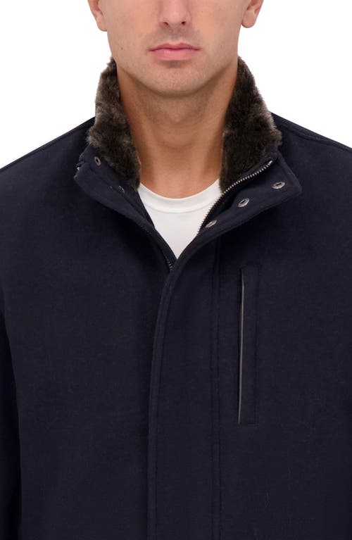 Cole Haan Signature Wool Blend Faux Fur Lined Stand Collar Jacket In Navy