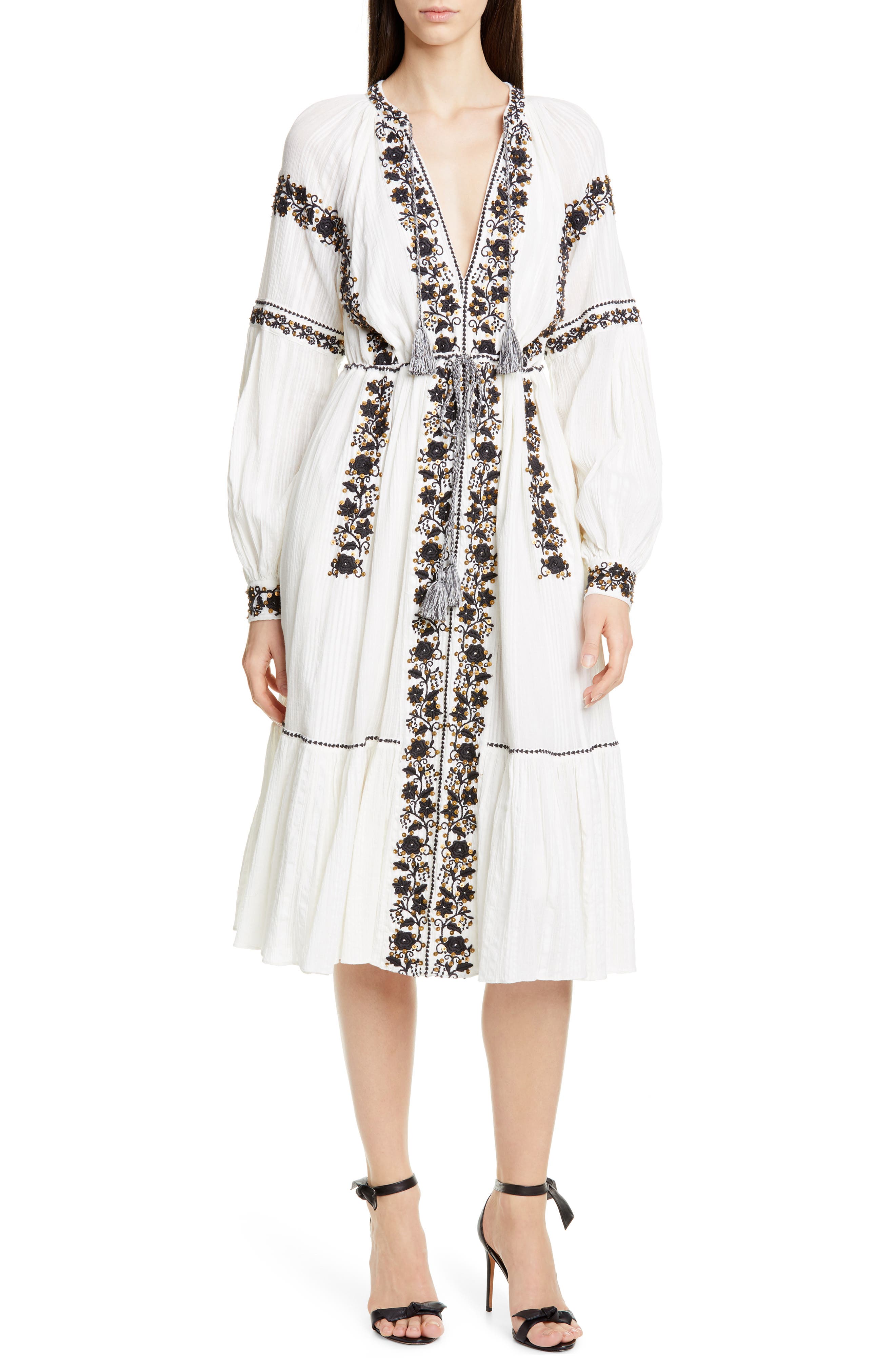 Ulla Johnson Vanita Embellished Long Sleeve Midi Dress, White