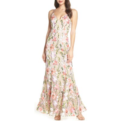 Sequin Hearts Floral Embroidered Evening Dress, Beige