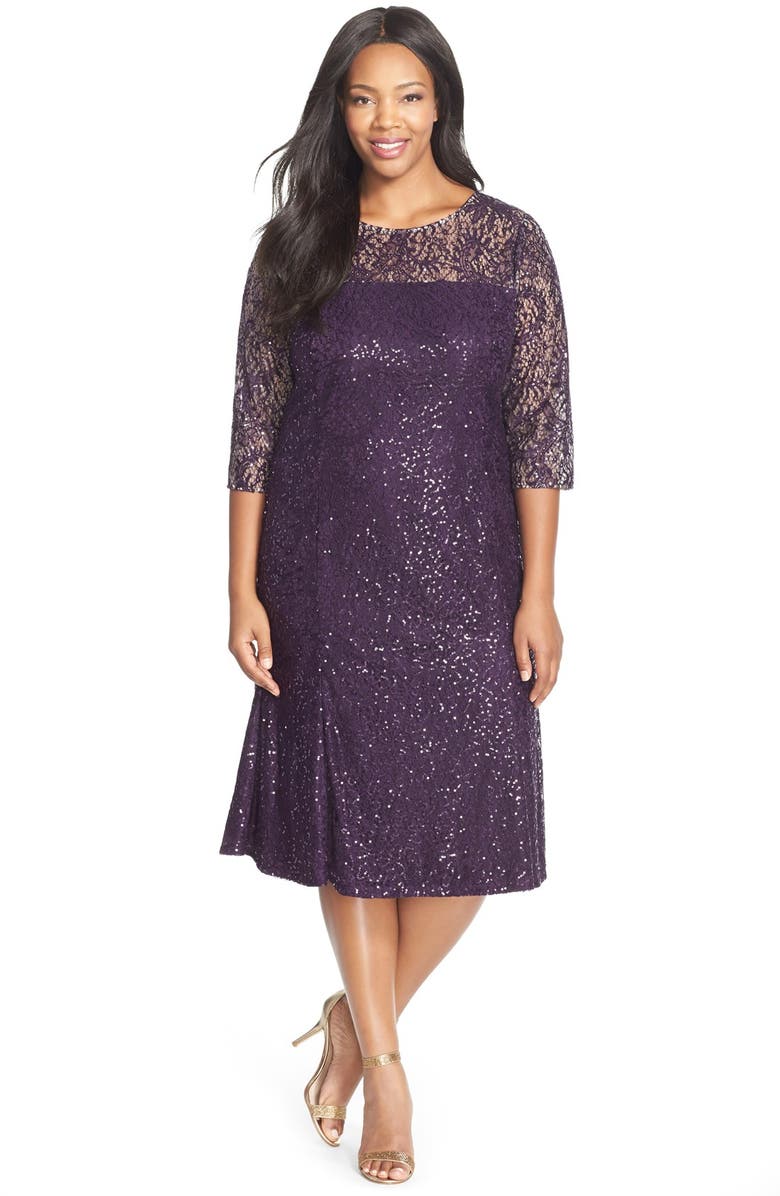 Alex Evenings Sequin Lace Tea Length Dress with Illusion Yoke & Sleeves ...
