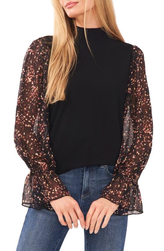 Cece Womens Printed Metallic Turtleneck Top In Rich Black
