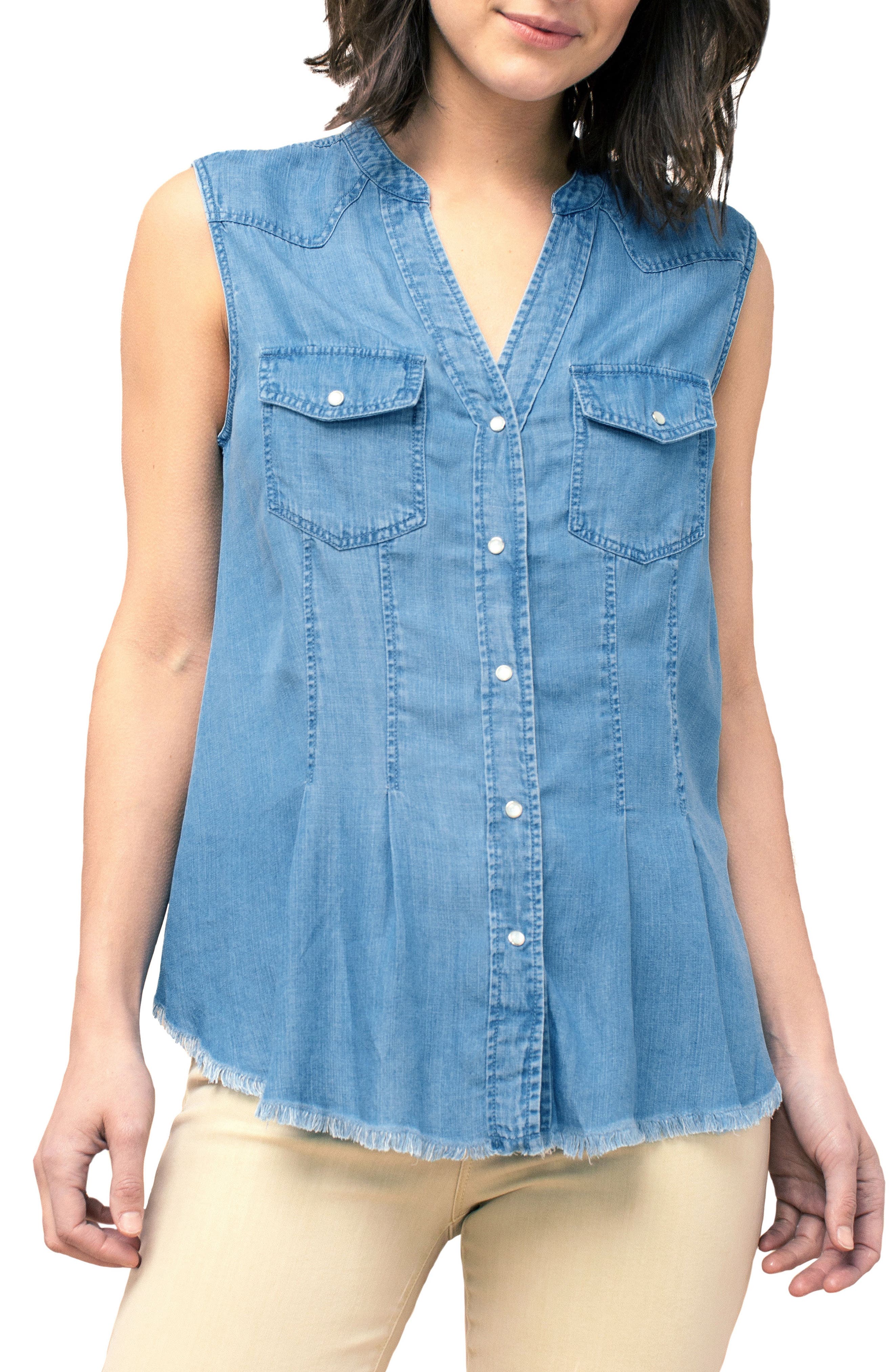 Liverpool Western Button Front Sleeveless Shirt, Blue
