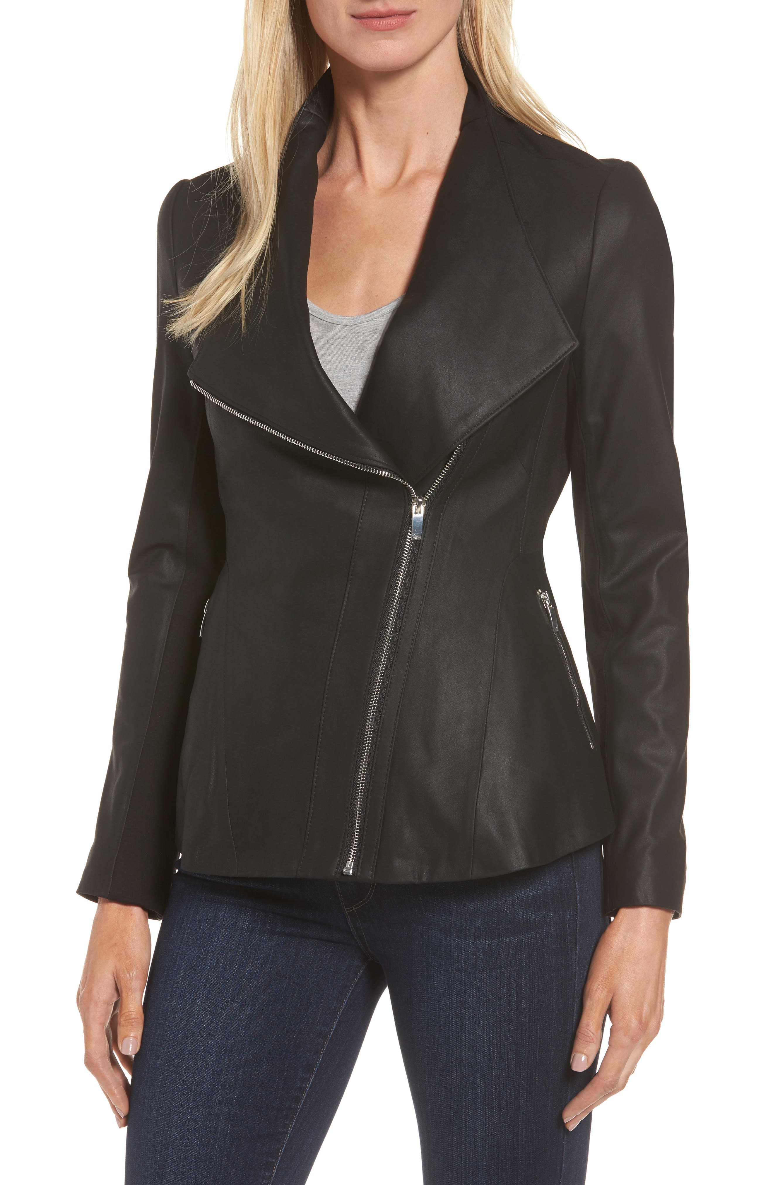 Via Spiga Asymmetrical Zip Leather & Ponte Jacket Nordstrom