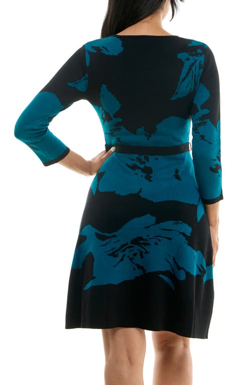 Shop Nina Leonard Jacquard Fit & Flare Sweater Dress In Black/teal