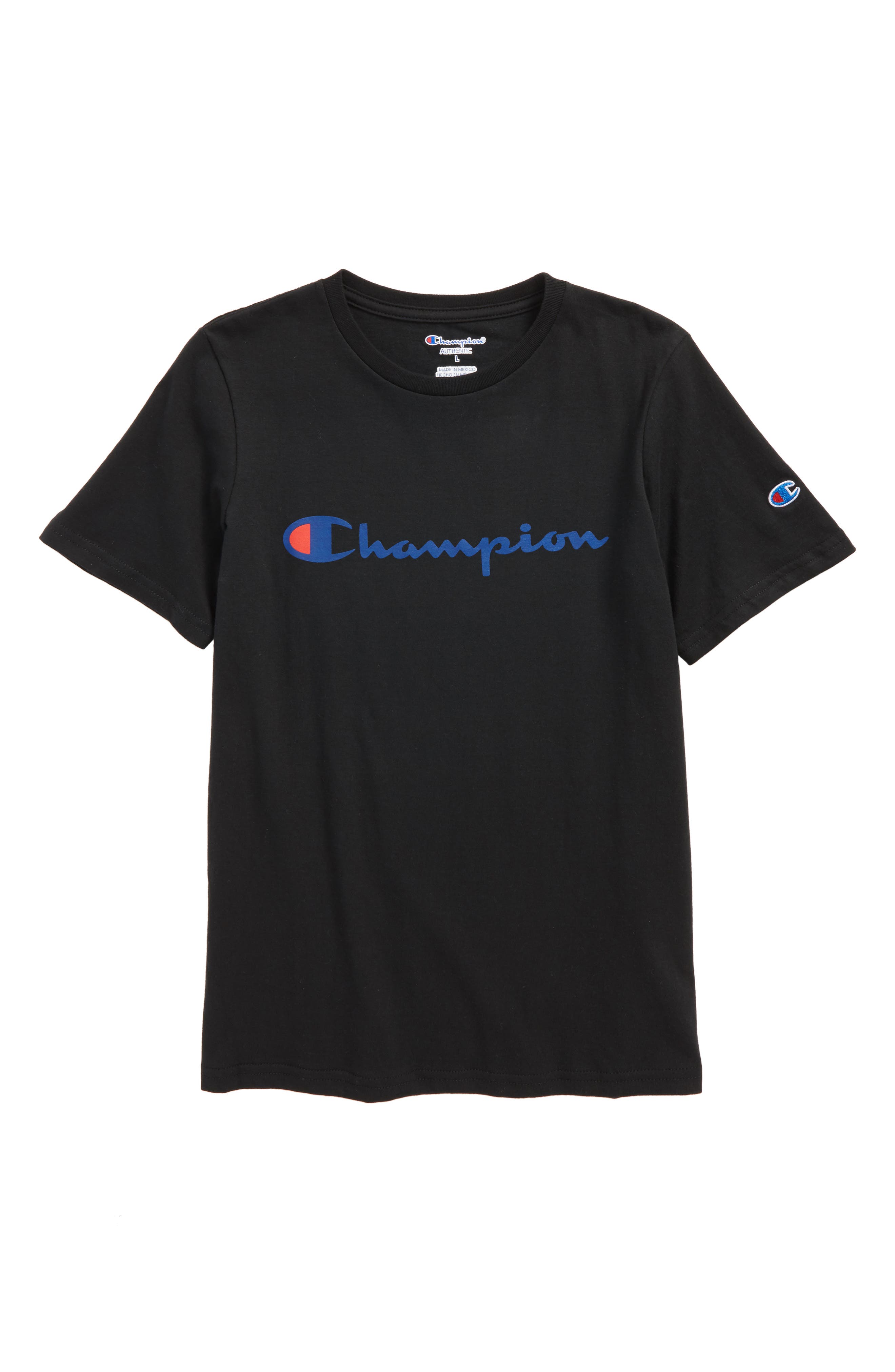 blue and black champion shirt