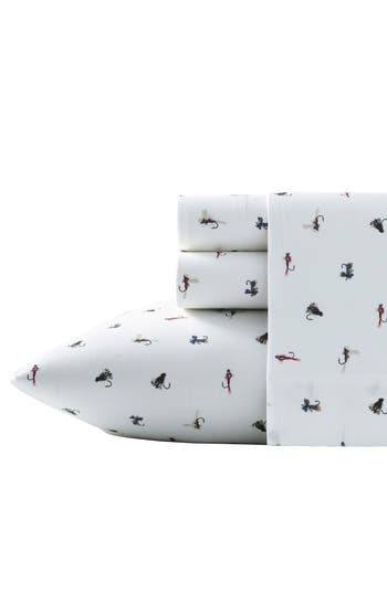 Eddie Bauer Fishing Flies 200 Thread Count 100% Cotton Percale Sheet Set In White Multi