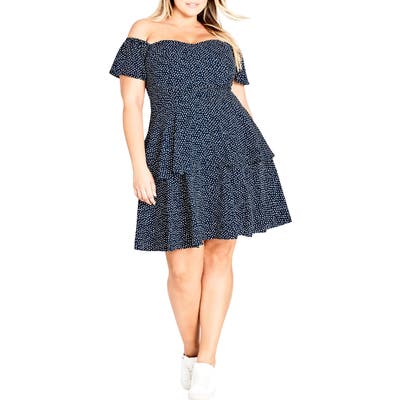 Plus Size City Chic Spot Off The Shoulder Dress, Blue