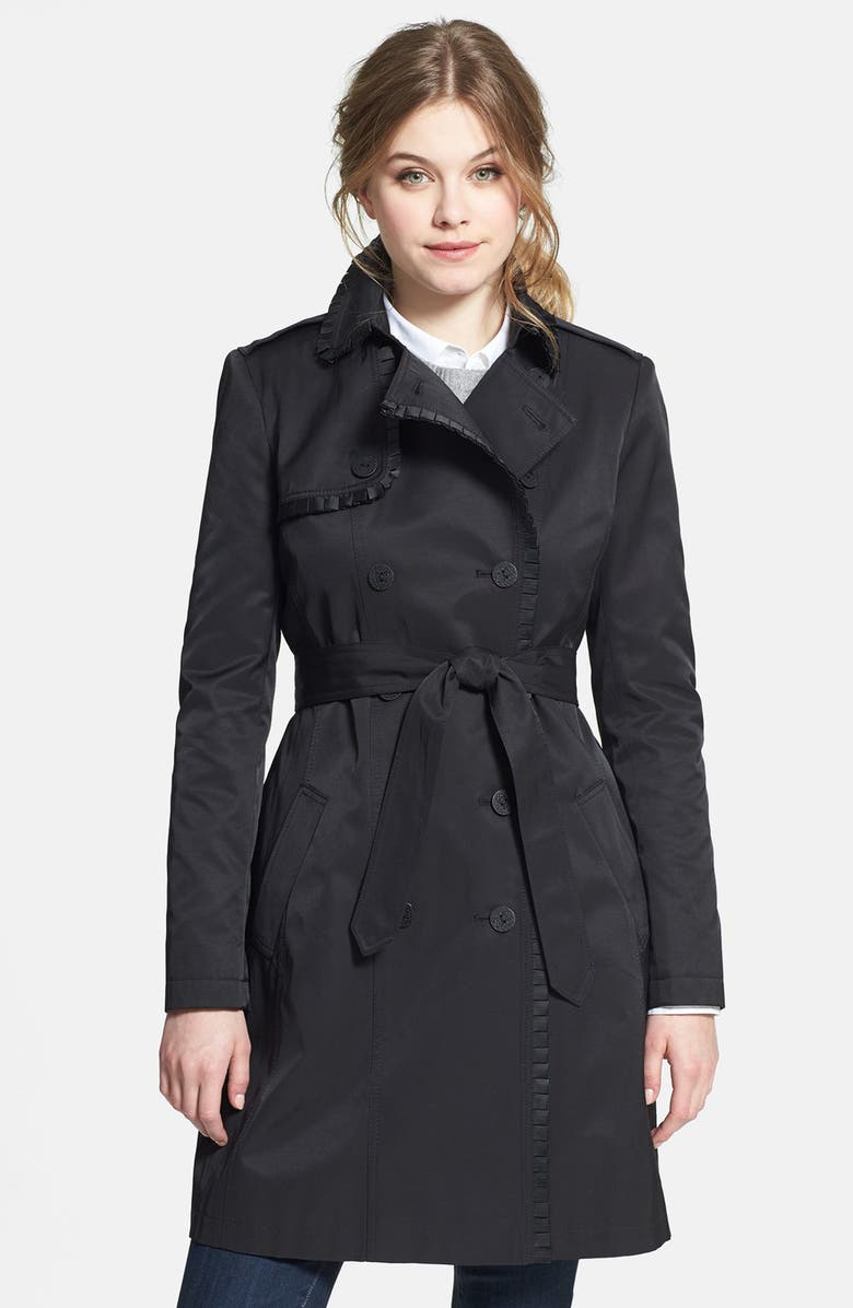 T Tahari 'Mulberry' Ruffle Trim Double Breasted Trench Coat | Nordstrom