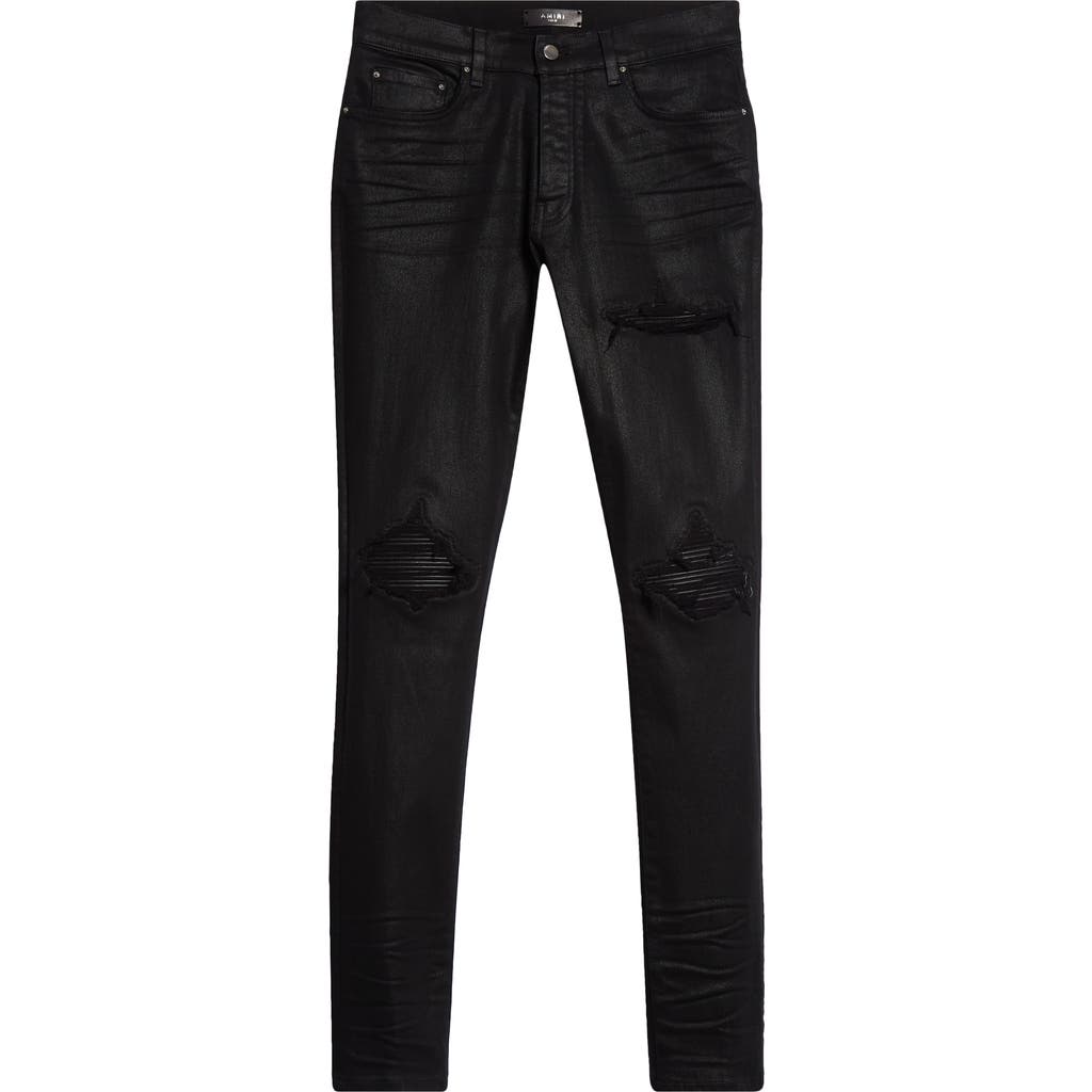 Amiri Wax Mx1 Leather Patched Distressed Jeans In Black