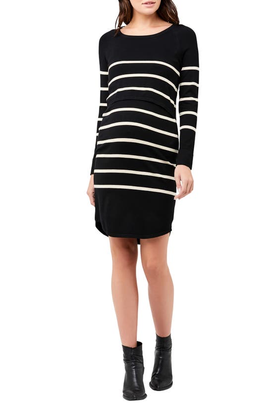 Ripe Maternity Valerie Stripe Long Sleeve Tunic Maternity Sweater Dress In Black