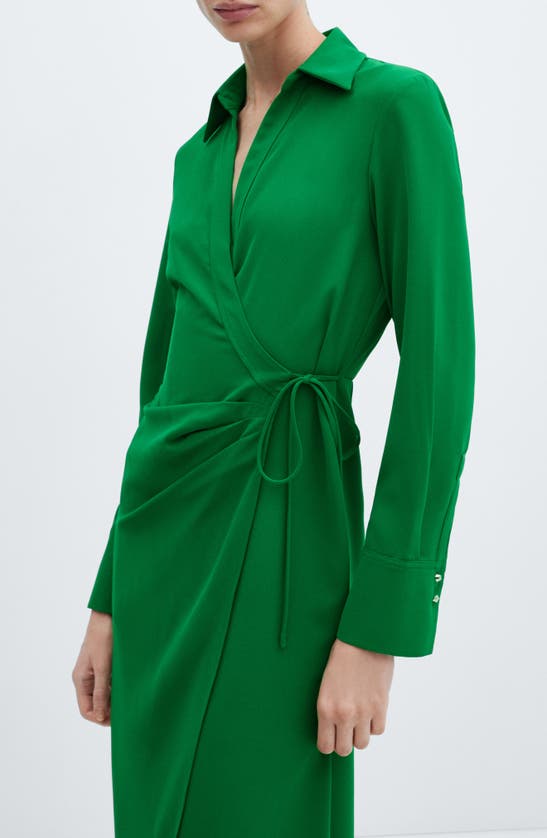 Shop Mango Collared Midi Wrap Dress In Green