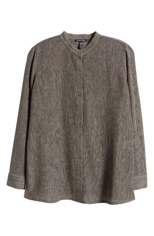 Shop Eileen Fisher Crinkled Band Collar Button-up Shirt In Taupe