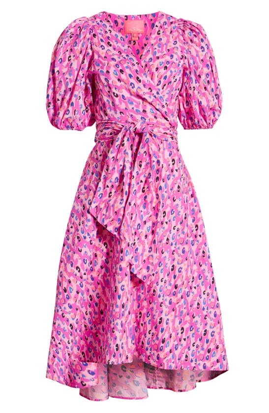 Shop Lilly Pulitzer Juney Puff Sleeve Faux Wrap Midi Dress In Wild Fuchsia Spotted In Love