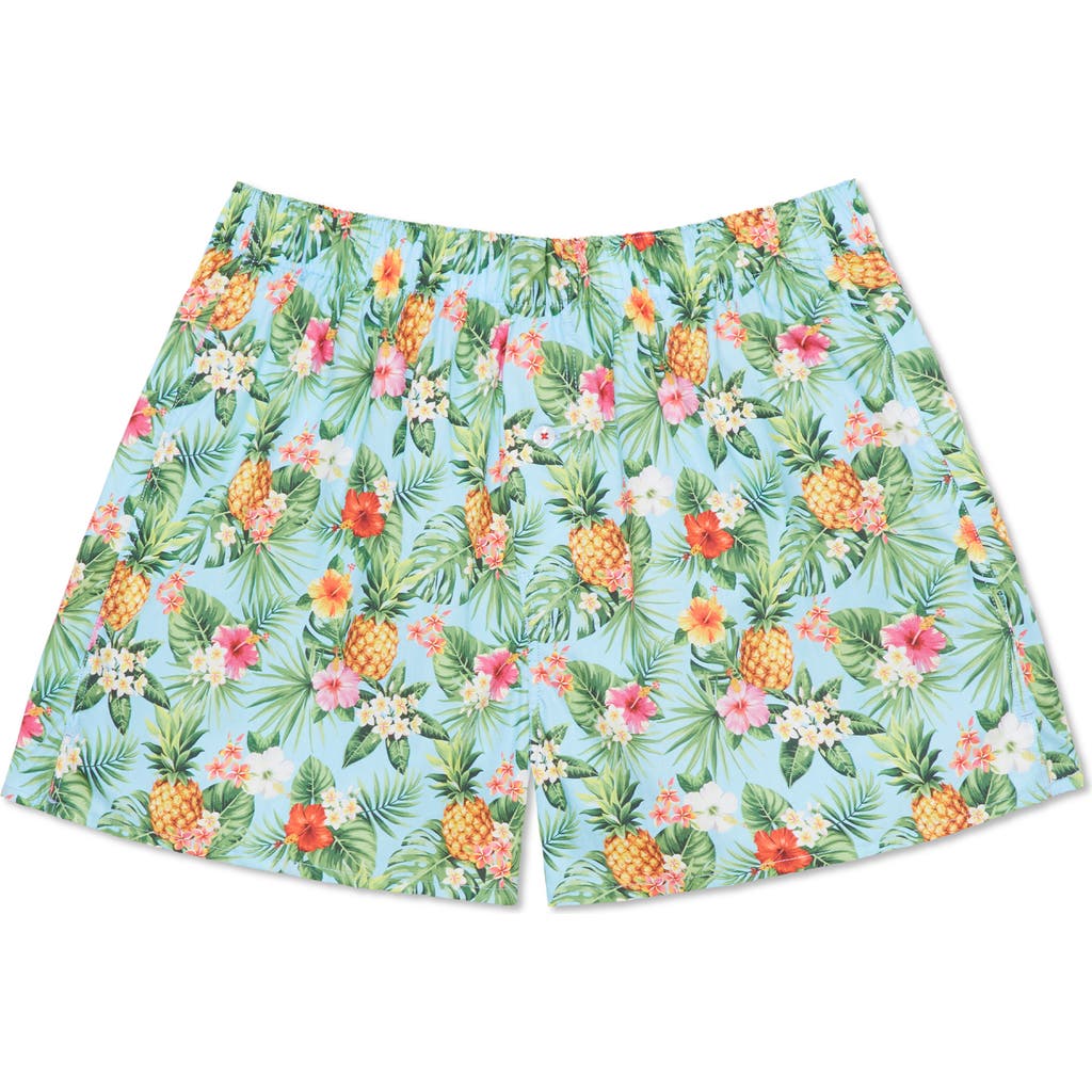 Druthers Nyc Organic Cotton Oahu Hawaiian Print Boxer Short In Lt. Blue